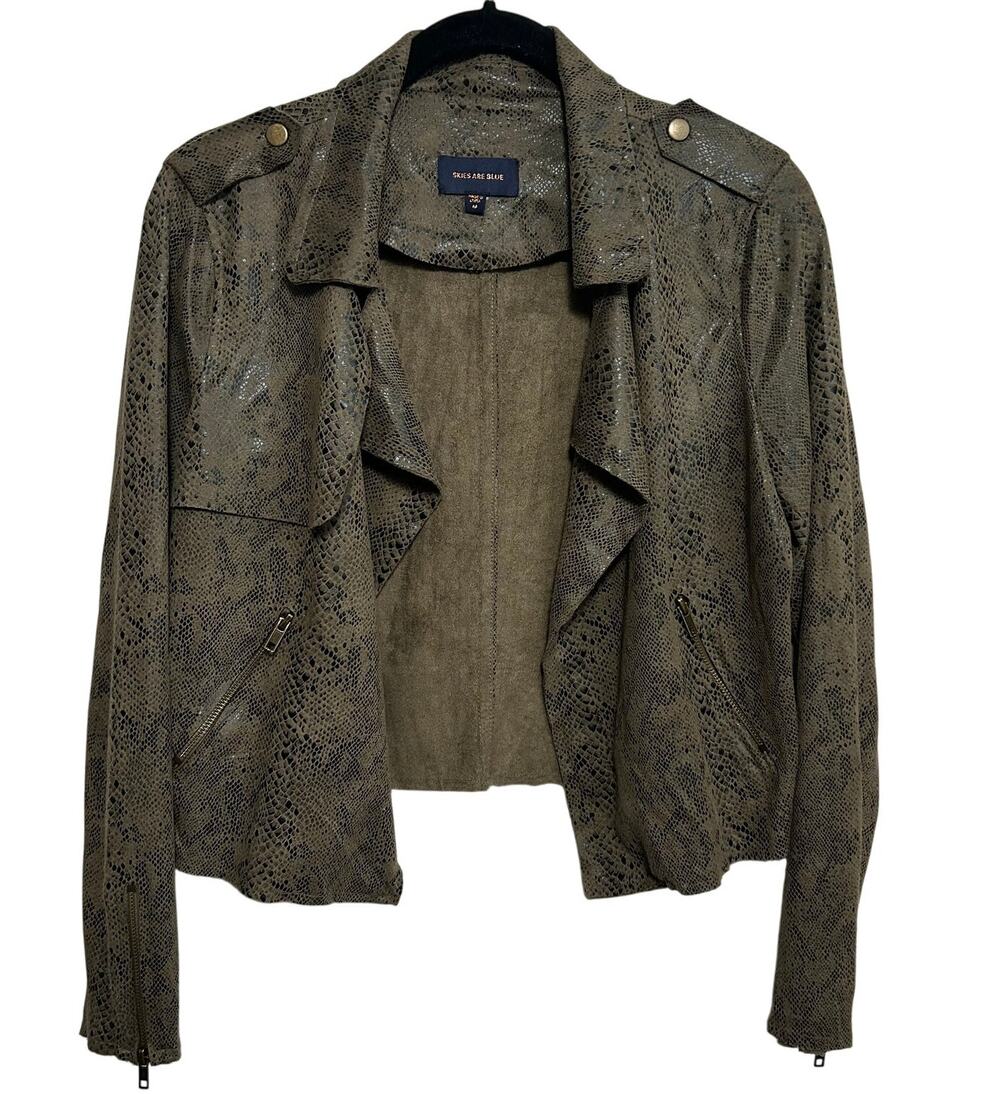 Snake Print Skies Are Blue Olive Faux Suede Moto Jacket SIZE M Edgy Grunge Fall